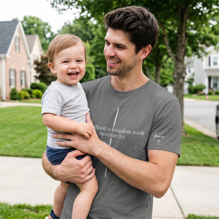 Personalized T-Shirt "Fatherhood is Kingdom Work" with Sleeve Print