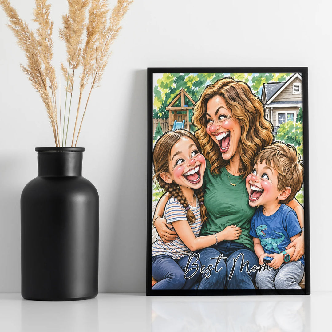 Personalized sketch poster of a mom with daughter and son with Best Mom lettering next to a black vase