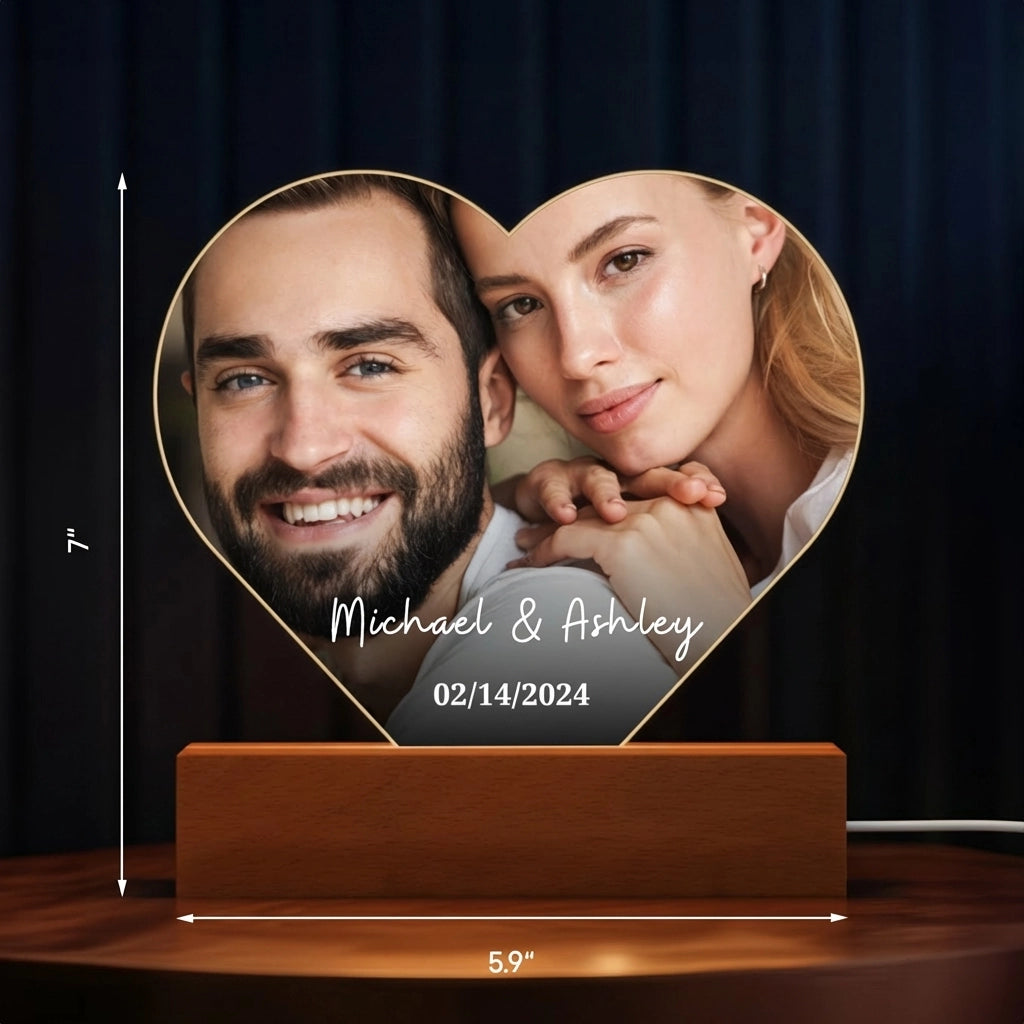 Personalized Heart Acrylic Light "Photo & Text" | Night Light