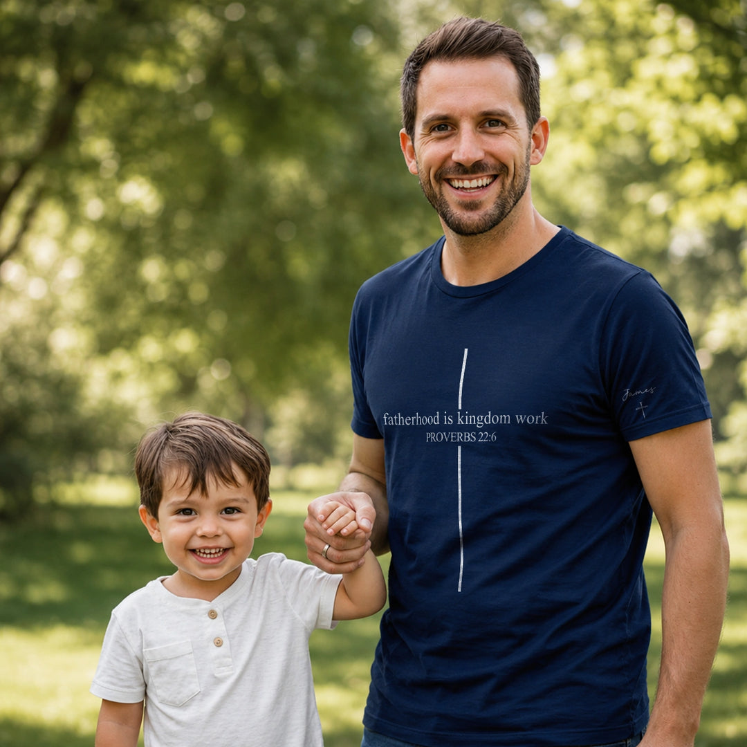 Personalized T-Shirt "Fatherhood is Kingdom Work" with Sleeve Print