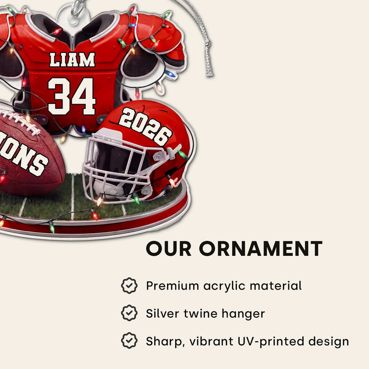 Infographic for the Football ornament: premium acrylic, silver twine hanger, UV-printed design