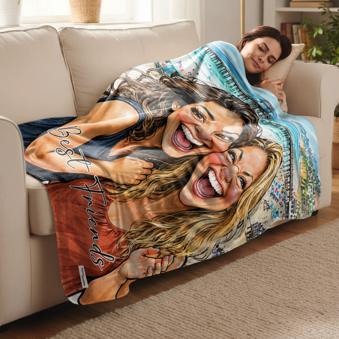 Woman relaxing on the sofa under a Best Friends sketch blanket
