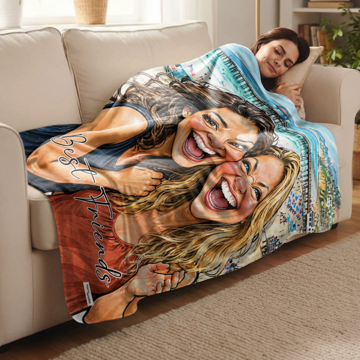 Woman relaxing on the sofa under a Best Friends sketch blanket