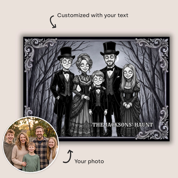 Infographic Halloween family photo doormat: customized with your text and photo