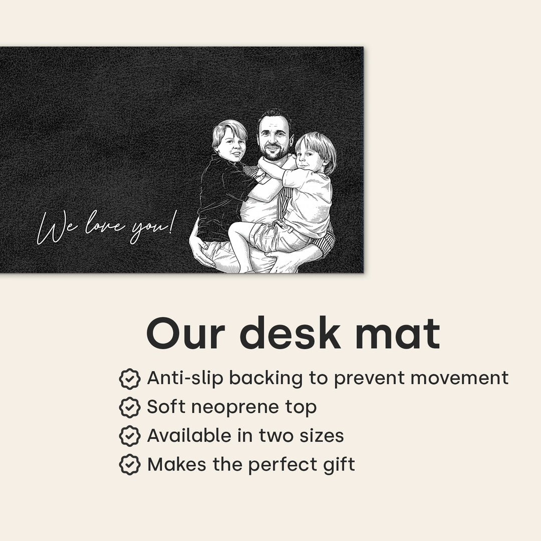 Infographic Dad desk mat: anti-slip backing, soft neoprene top, two sizes, perfect gift