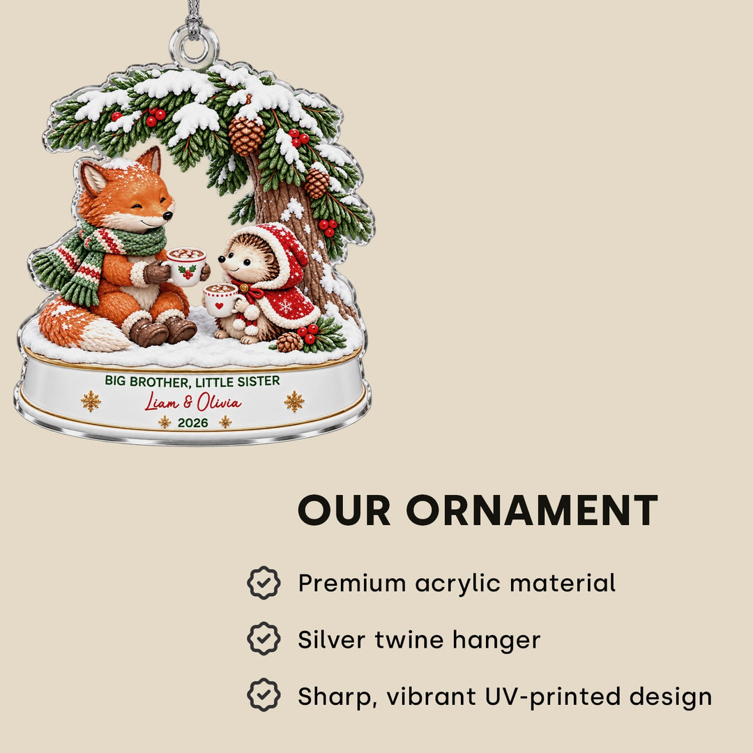 Fox and Hedgehog ornament features: premium acrylic, silver twine hanger, UV-printed design