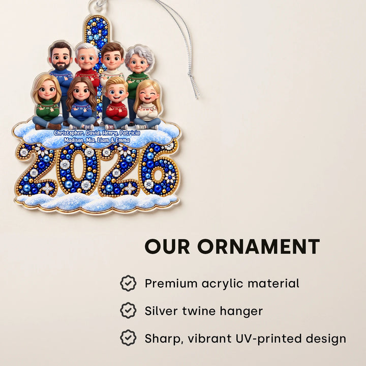 Custom cut acrylic ornament with eight family figures and names above 2026, made of premium acrylic with silver twine