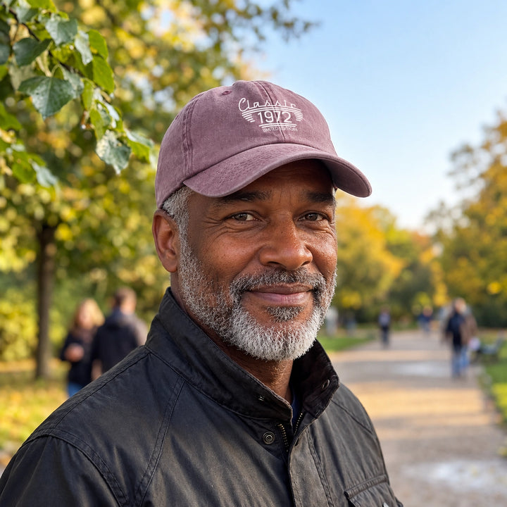 Man wearing a maroon Limited Edition cap with the year 1972 outdoors in the park