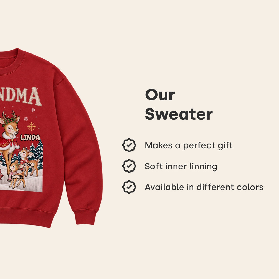 Red personalized reindeer sweatshirt with soft inner lining, a perfect gift in different colors