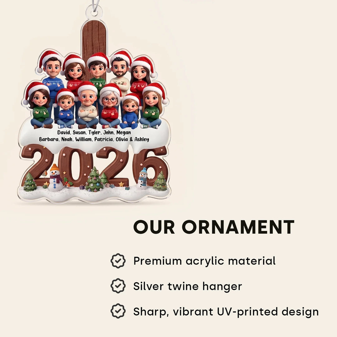 Ornament infographic: premium acrylic material, silver twine and a sharp, vibrant UV-printed design with a large family above 2026