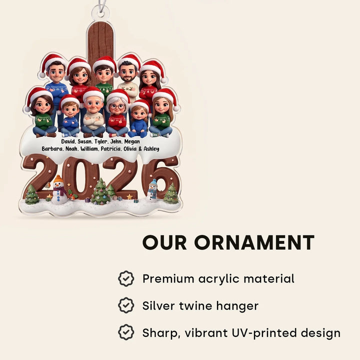 Ornament infographic: premium acrylic material, silver twine and a sharp, vibrant UV-printed design with a large family above 2026