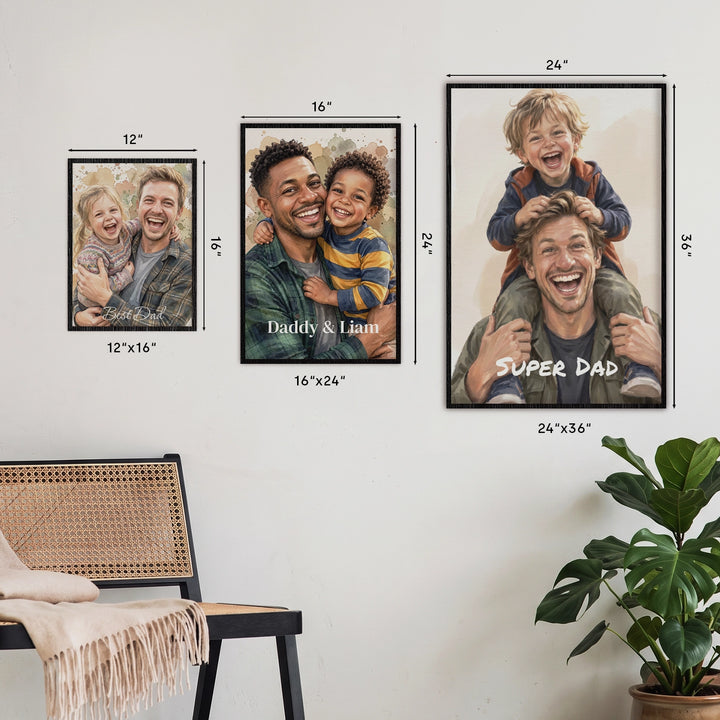 Size comparison of the personalized watercolor poster in 12x16, 16x24 and 24x36 inches on a wall