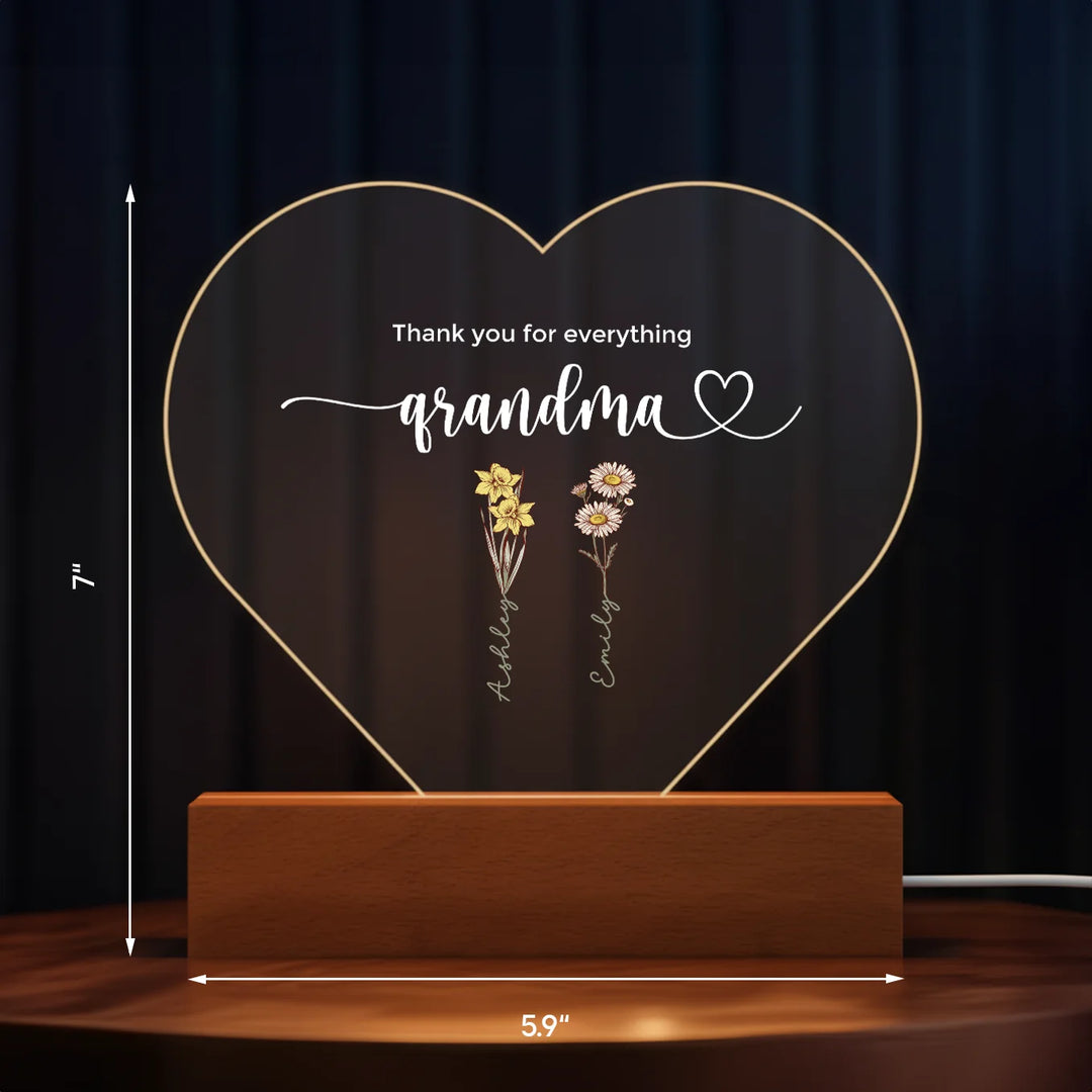 Personalized Heart Acrylic Light "Flowers for Grandma" | Night Light, Decor Light, Glow Light
