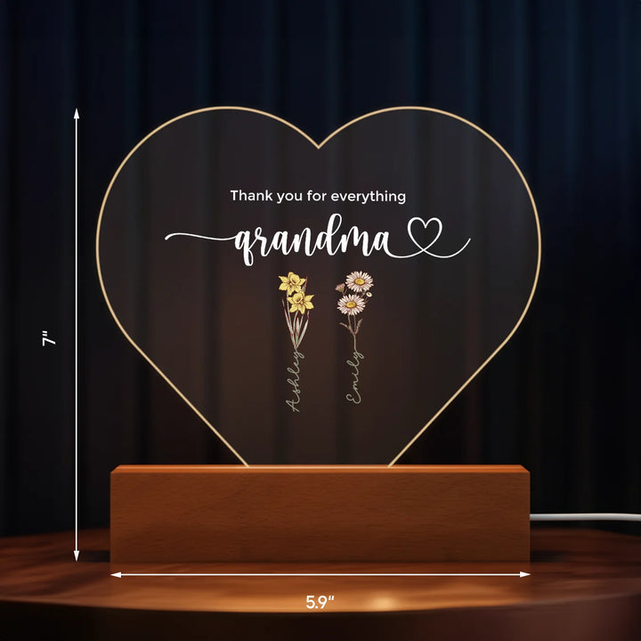 Personalized Heart Acrylic Light "Flowers for Grandma" | Night Light, Decor Light, Glow Light