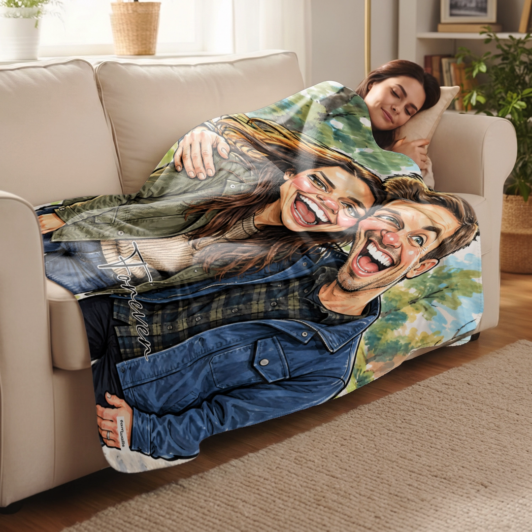 Woman resting on the sofa under the couple caricature blanket