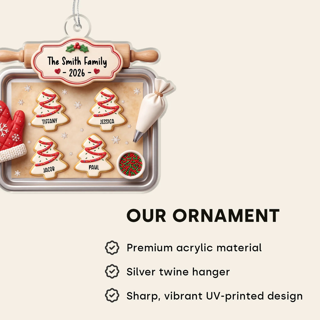 Infographic cookie tray ornament: premium acrylic, silver twine hanger, UV print