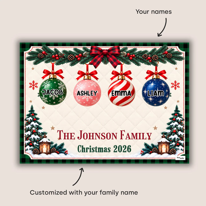 Infographic Christmas Family doormat: customized with your family name and your names