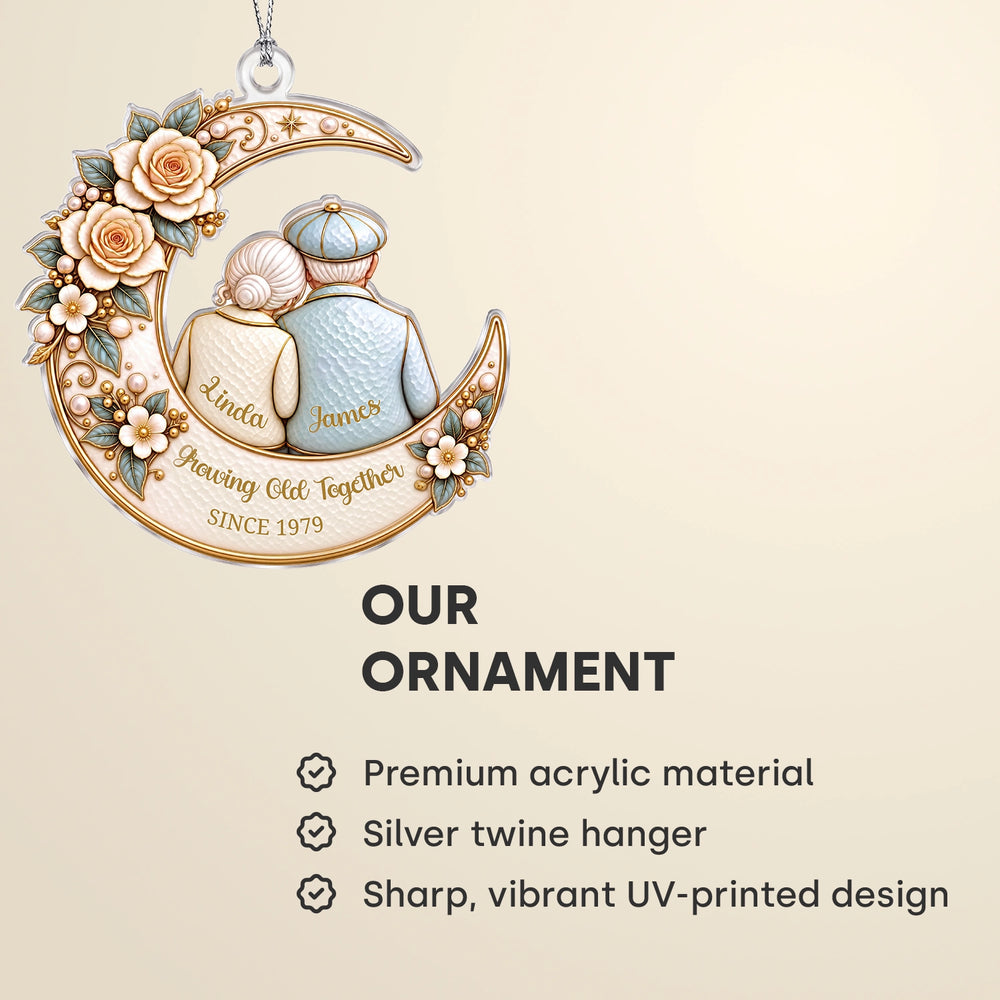 Infographic Growing Old Together ornament: premium acrylic, silver twine hanger, UV print
