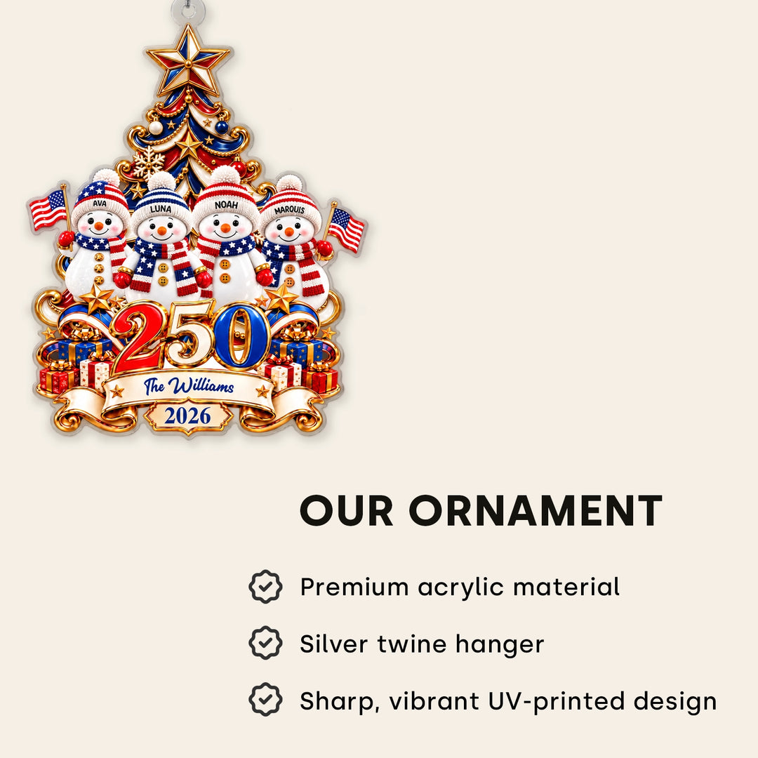 Snowman 250 Years ornament features: premium acrylic material, silver twine hanger, sharp UV-printed design