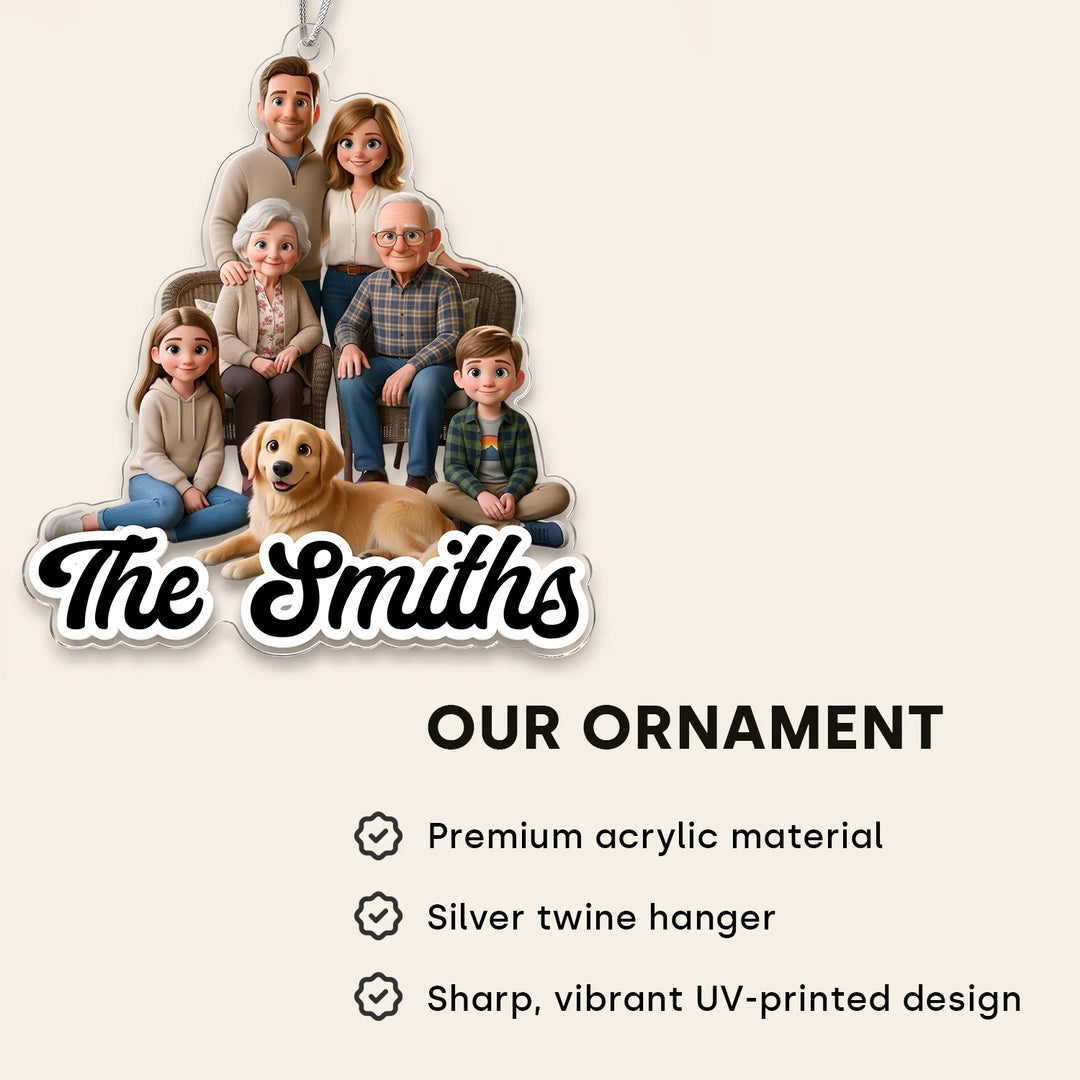 Cartoon Portrait ornament features: premium acrylic material, silver twine hanger, sharp UV-printed design