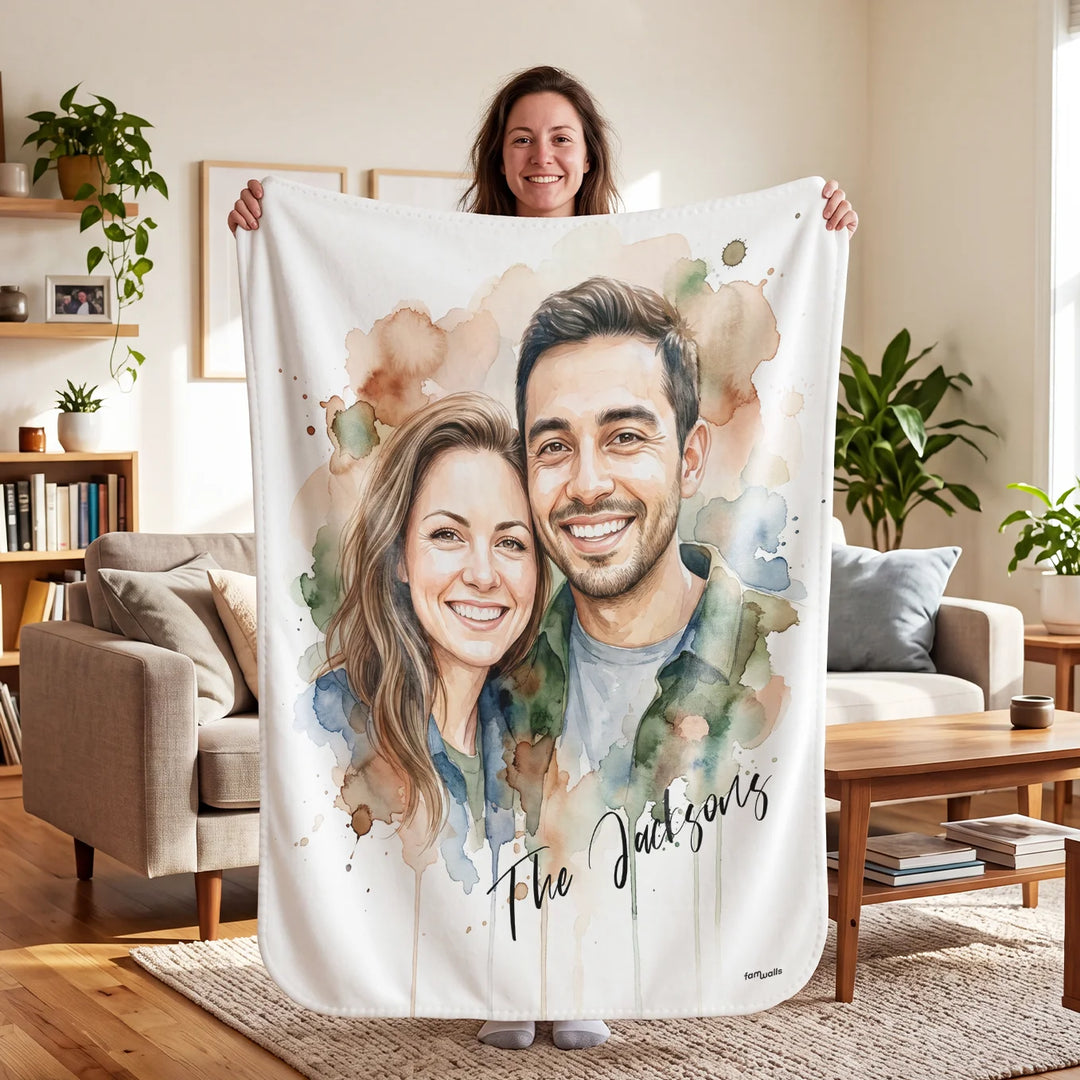 Woman holding up the personalized watercolor blanket with a couple illustration