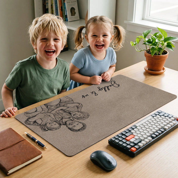 Two laughing kids at a desk with the brown Daddy & us desk mat and keyboard