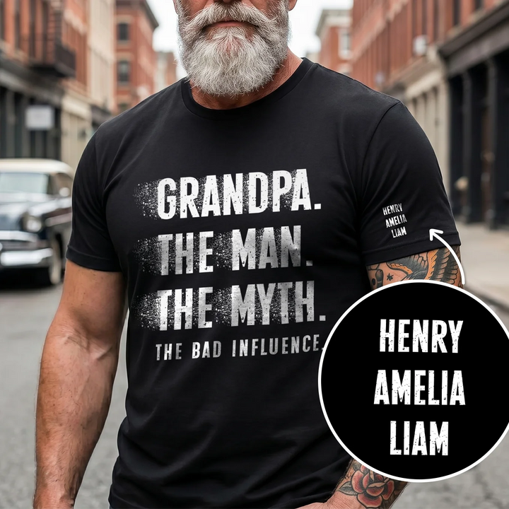 Personalized T‑Shirt "Bad Influence Grandpa" with Sleeve Print