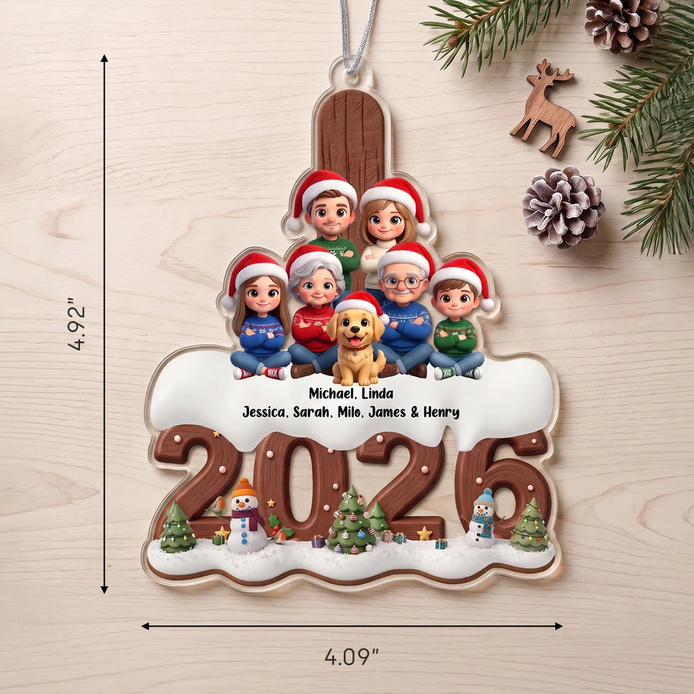 Size of the custom cut ornament: 4.92" x 4.09", family of seven with a dog as cartoon figures above the year 2026