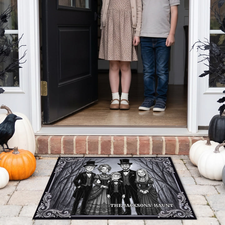 Halloween family photo doormat The Jacksons' Haunt with kids at the front door