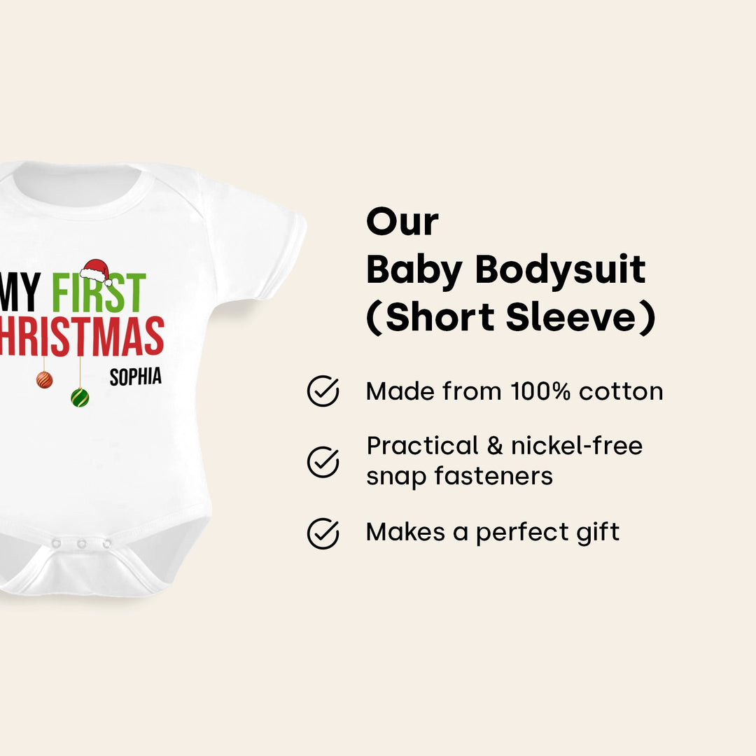 Baby bodysuit “My First Christmas” with name, made from 100% cotton with snap fasteners