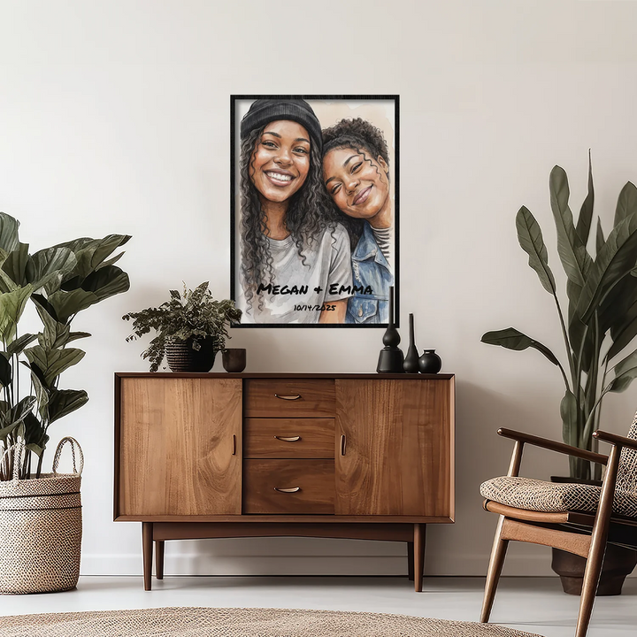 Painted poster of two friends above a wooden sideboard