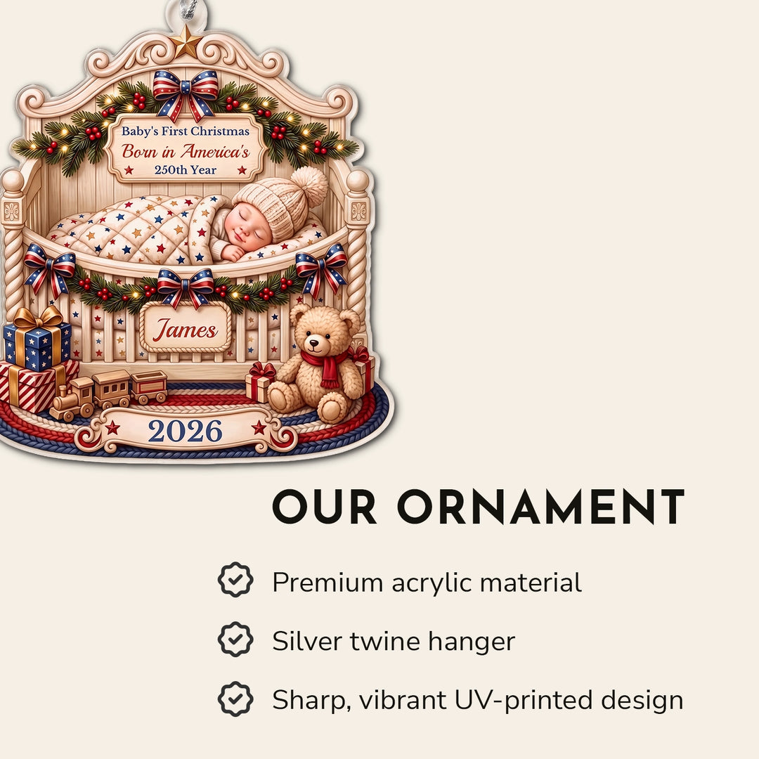 Baby’s First Christmas ornament features: premium acrylic, silver twine hanger, UV-printed design