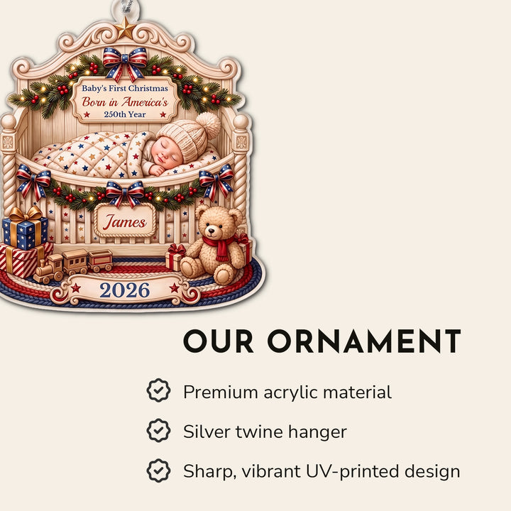 Baby’s First Christmas ornament features: premium acrylic, silver twine hanger, UV-printed design