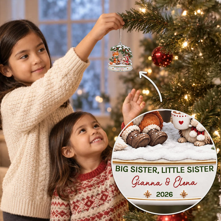 Girl hangs the Fox and Hedgehog ornament with Big Sister, Little Sister on the Christmas tree