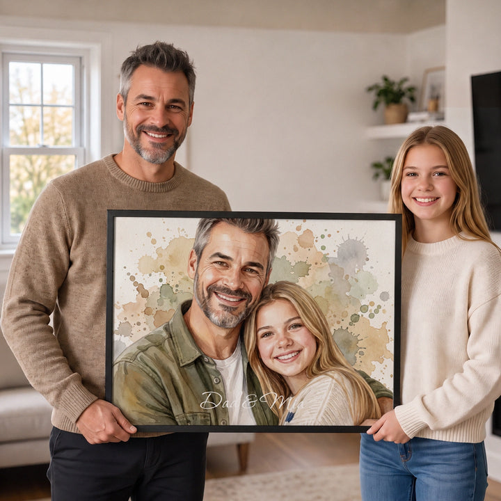 Dad and teenage daughter holding a personalized landscape watercolor poster of the two of them