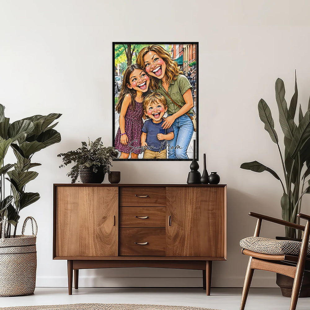 Personalized sketch poster of a mom with daughter and son above a wooden sideboard