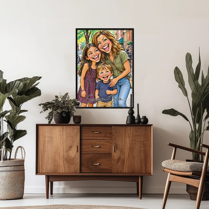 Personalized sketch poster of a mom with daughter and son above a wooden sideboard
