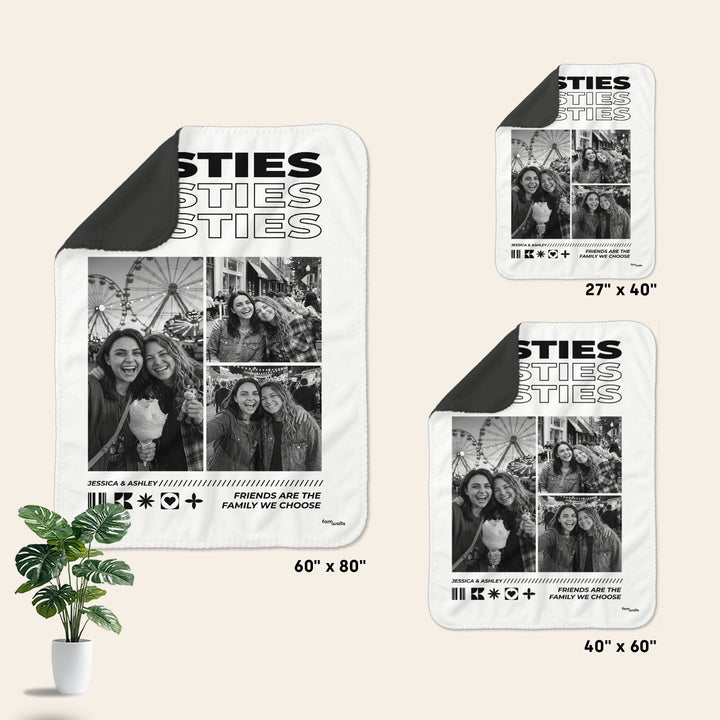 Size overview of the Besties blanket: 27" x 40", 40" x 60" and 60" x 80"