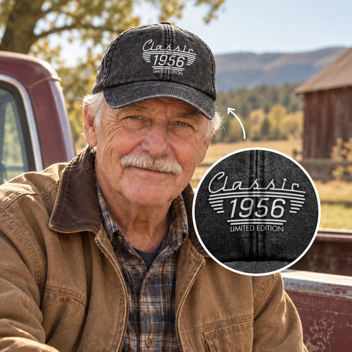 Man wearing a black vintage cap with Classic 1956 Limited Edition print and a close-up of the design