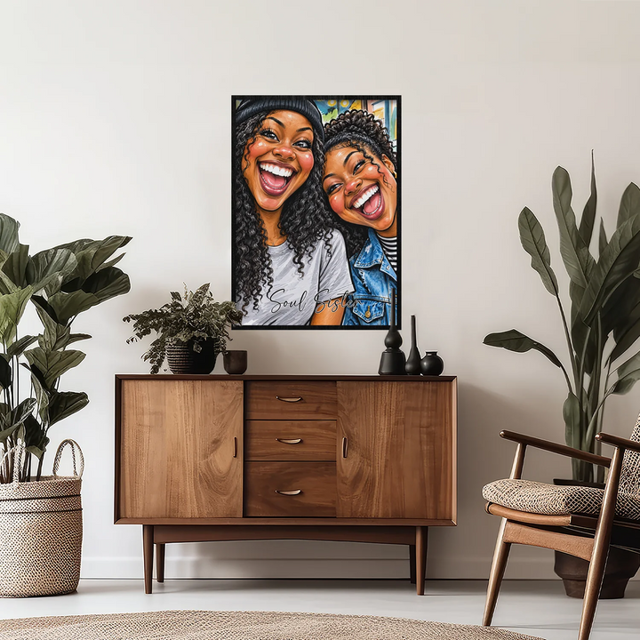 Caricature poster of two friends above a wooden sideboard