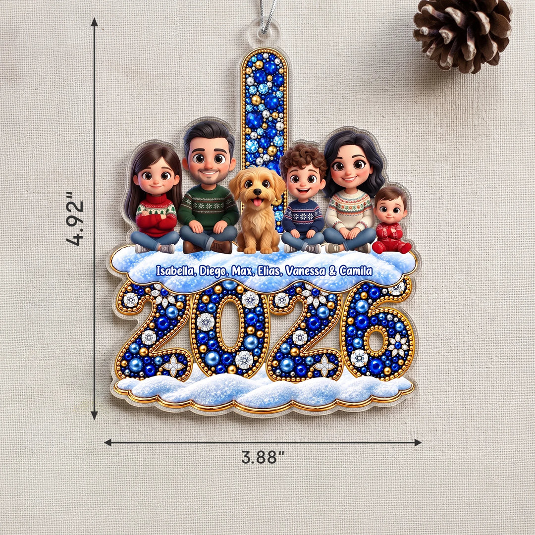 Size chart of the personalized 2026 family ornament, 4.92" high and 3.88" wide