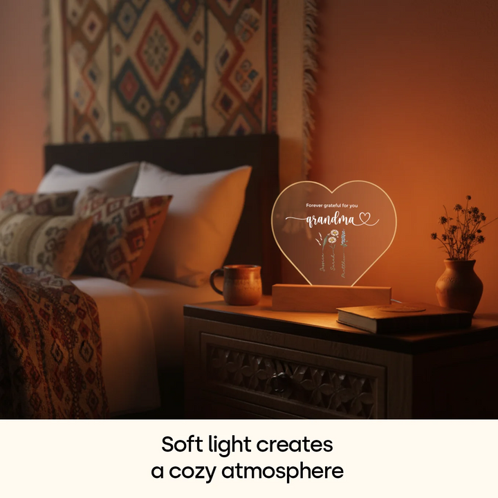 Personalized Heart Acrylic Light "Flowers for Grandma" | Night Light, Decor Light, Glow Light