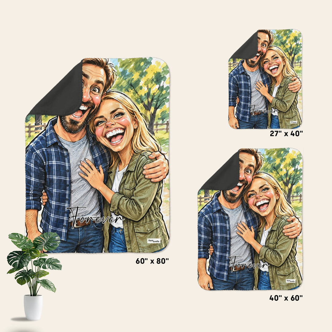 Infographic couple sketch blanket: sizes 27" x 40", 40" x 60" and 60" x 80"