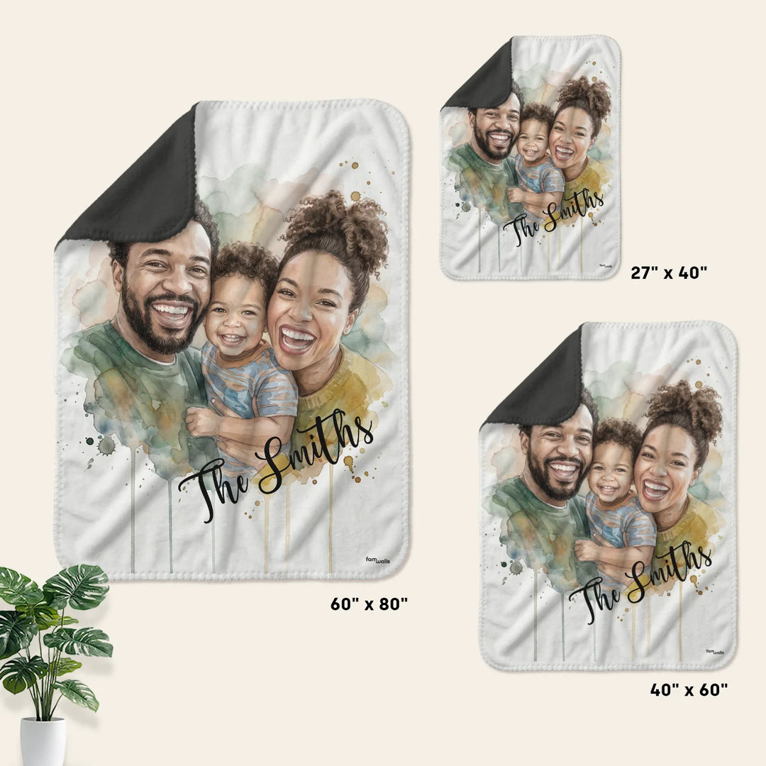 Infographic family watercolor blanket: sizes 27" x 40", 40" x 60" and 60" x 80"