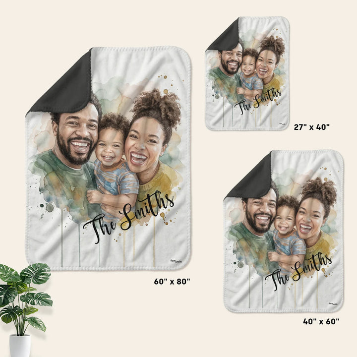 Infographic family watercolor blanket: sizes 27" x 40", 40" x 60" and 60" x 80"