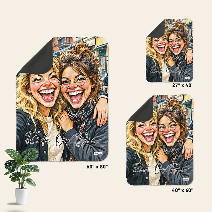 Ride Or Die sketch blanket shown in the sizes 60" x 80", 27" x 40" and 40" x 60"