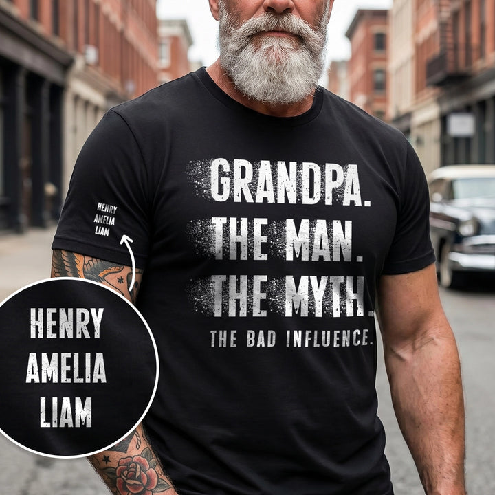 Personalized T‑Shirt "Bad Influence Grandpa" with Sleeve Print