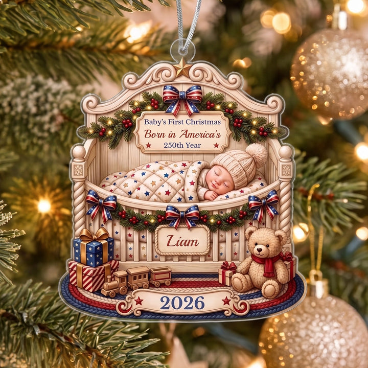 Personalized Baby’s First Christmas ornament with the name Liam and the year 2026 on the Christmas tree