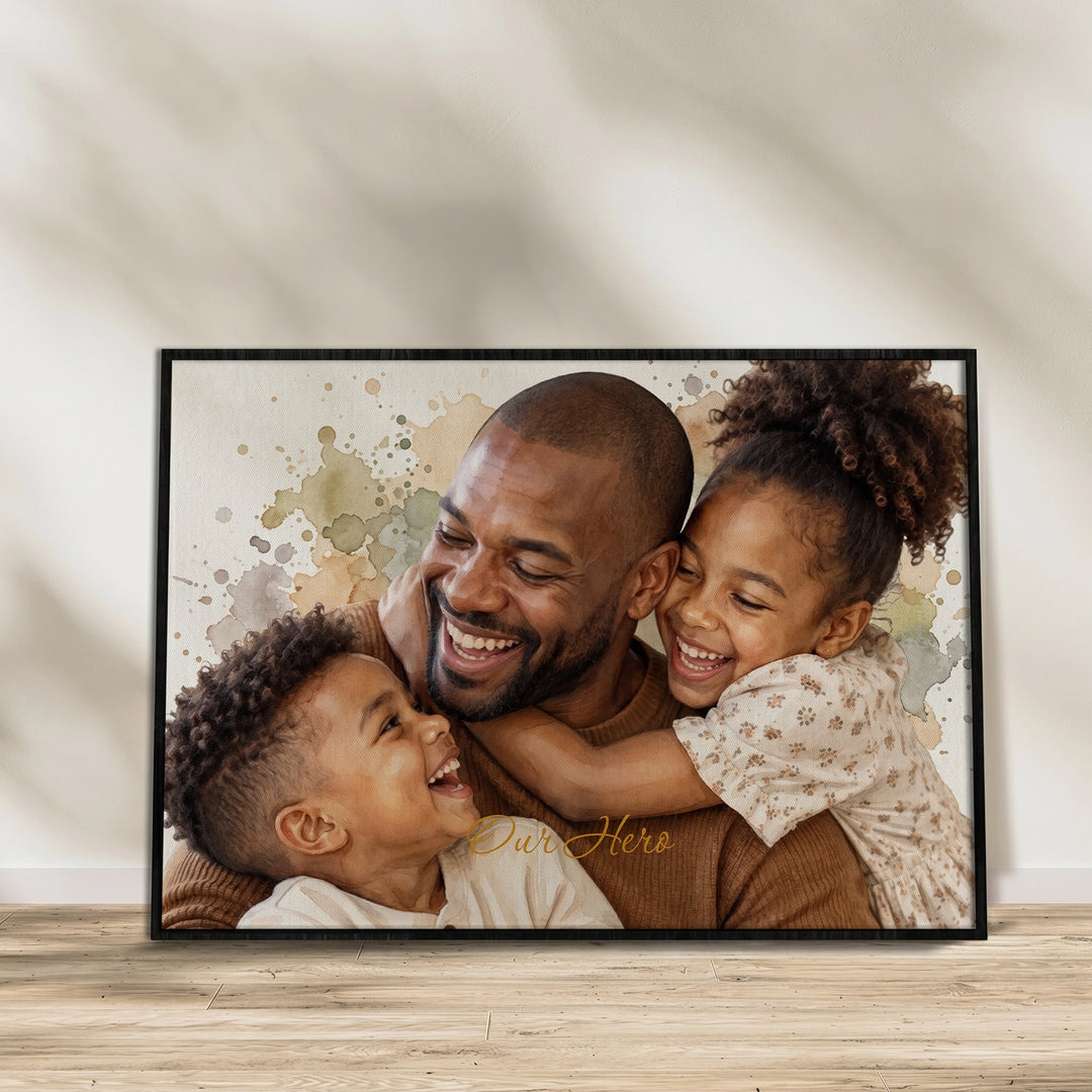 Personalized landscape watercolor poster of a smiling dad hugged by his two children, leaning against a wall