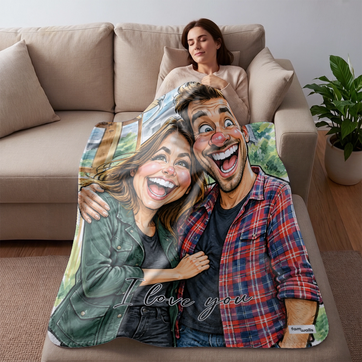 Woman sitting on the sofa with the couple sketch blanket and the text "I love you"
